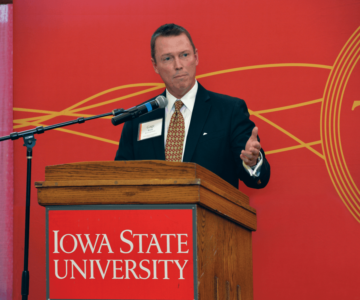 photo of Gage Kent addressing crowd at Iowa State University