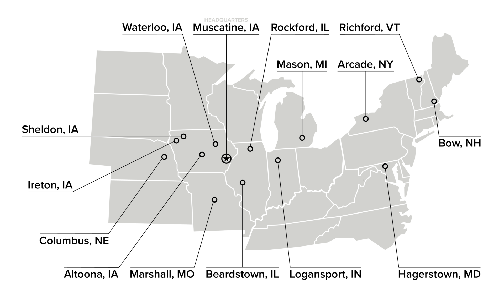 Map of Kent Blue Seal Plant Locations in the United States. Map of the eastern United States showing locations of various cities. The map highlights 14 cities across multiple states, primarily in the Midwest and Northeast. A star icon indicates the headquarters location in Muscatine, IA. Other cities marked include Waterloo, IA; Rockford, IL; Richford, VT; Mason, MI; Arcade, NY; Sheldon, IA; Bow, NH; Ireton, IA; Columbus, NE; Altoona, IA; Marshall, MO; Beardstown, IL; Logansport, IN; and Hagerstown, MD.